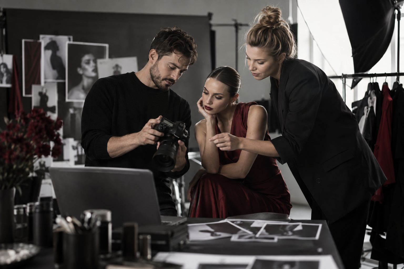 Illustration of a photographer, model and stylist reviewing portraits during a studio collaboration.