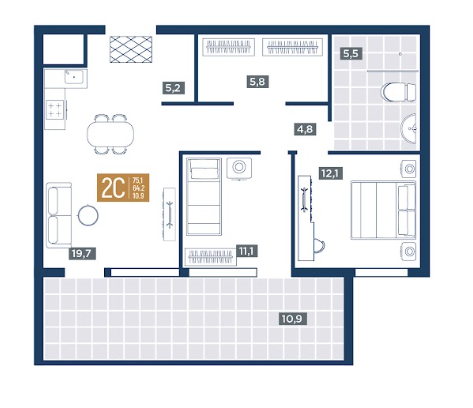 Планировка 2-комнатная 75.1 м²