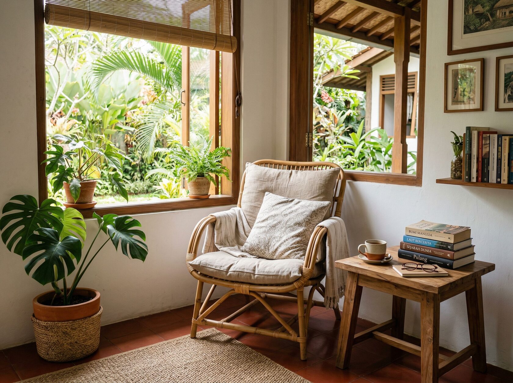 Pojok baca nyaman di rumah Indonesia dekat jendela