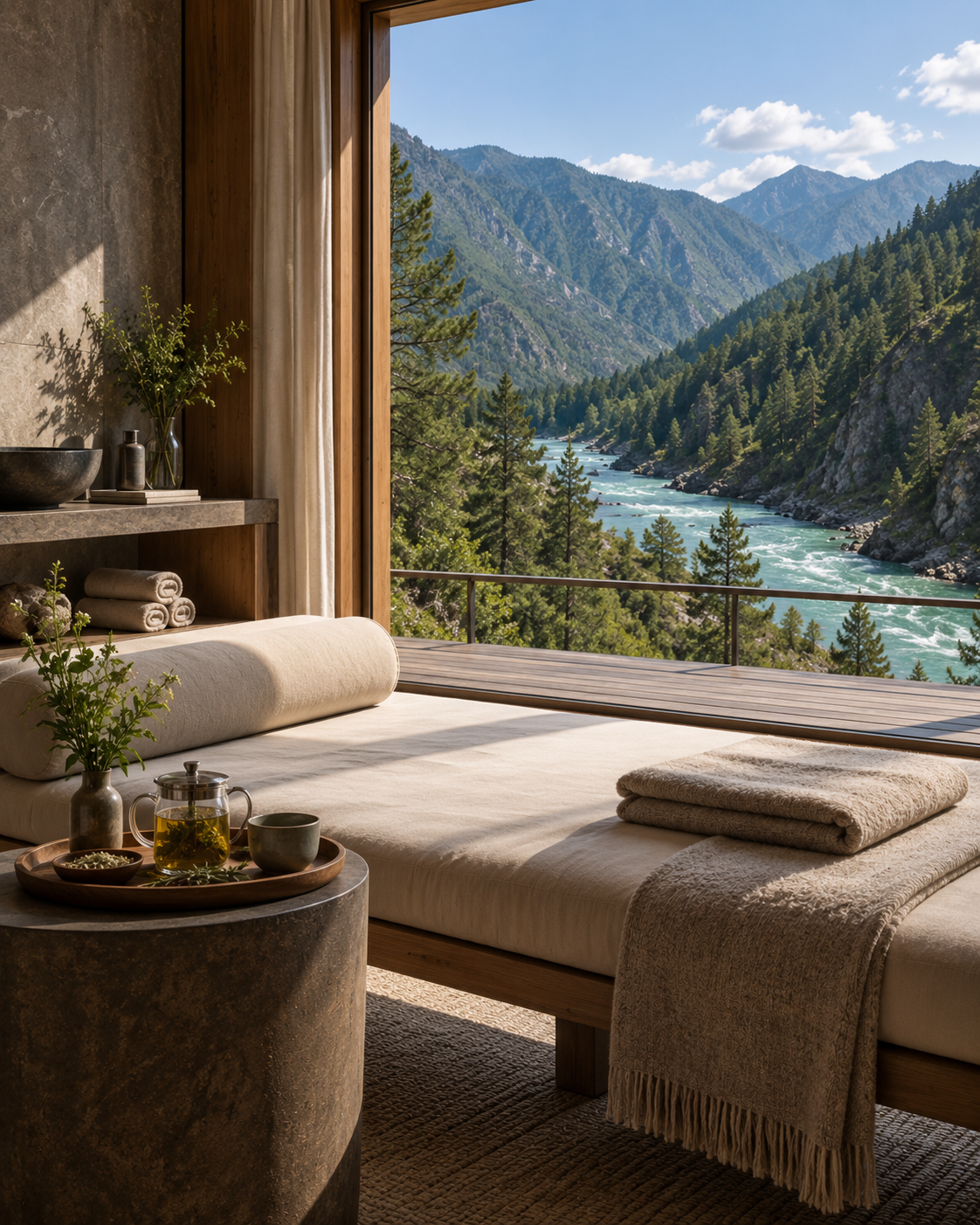 Altai spa interior overlooking turquoise river and mountains