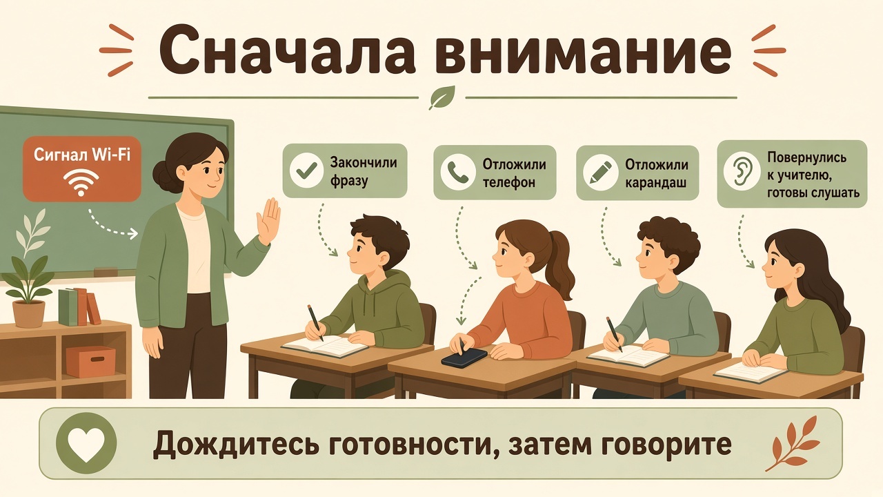 Учитель поднимает руку — сигнал Wi-Fi, дети заканчивают фразу и готовятся слушать