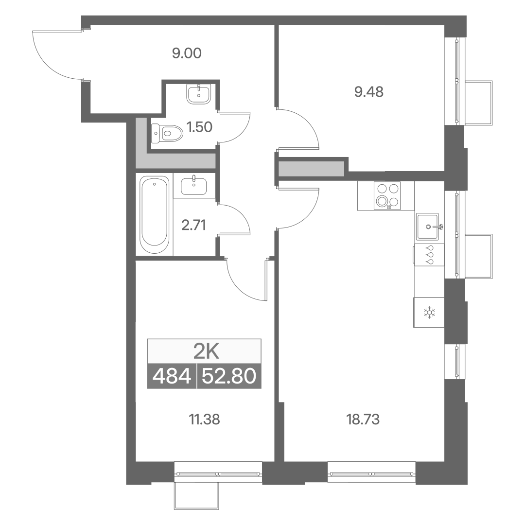 Планировка двухкомнатной квартиры 52.80 м² в ЖК Новая Львовская