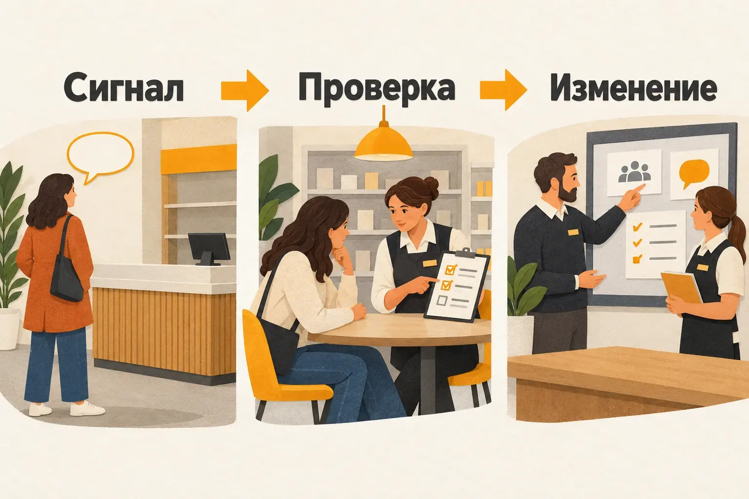 Переход от сигнала о проблеме через проверку к изменению процесса обслуживания