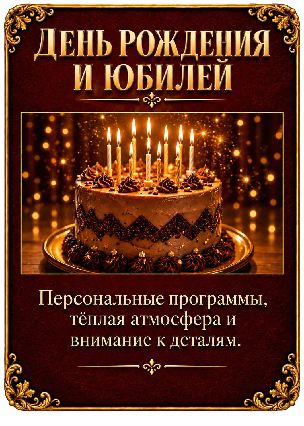 День рождения и юбилей. Персональные программы, тёплая атмосфера и внимание к деталям.