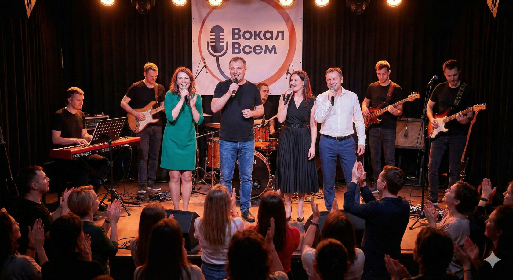 Счастливые ученики школы музыки Вокал Всем на отчетном концерте в Москве поют