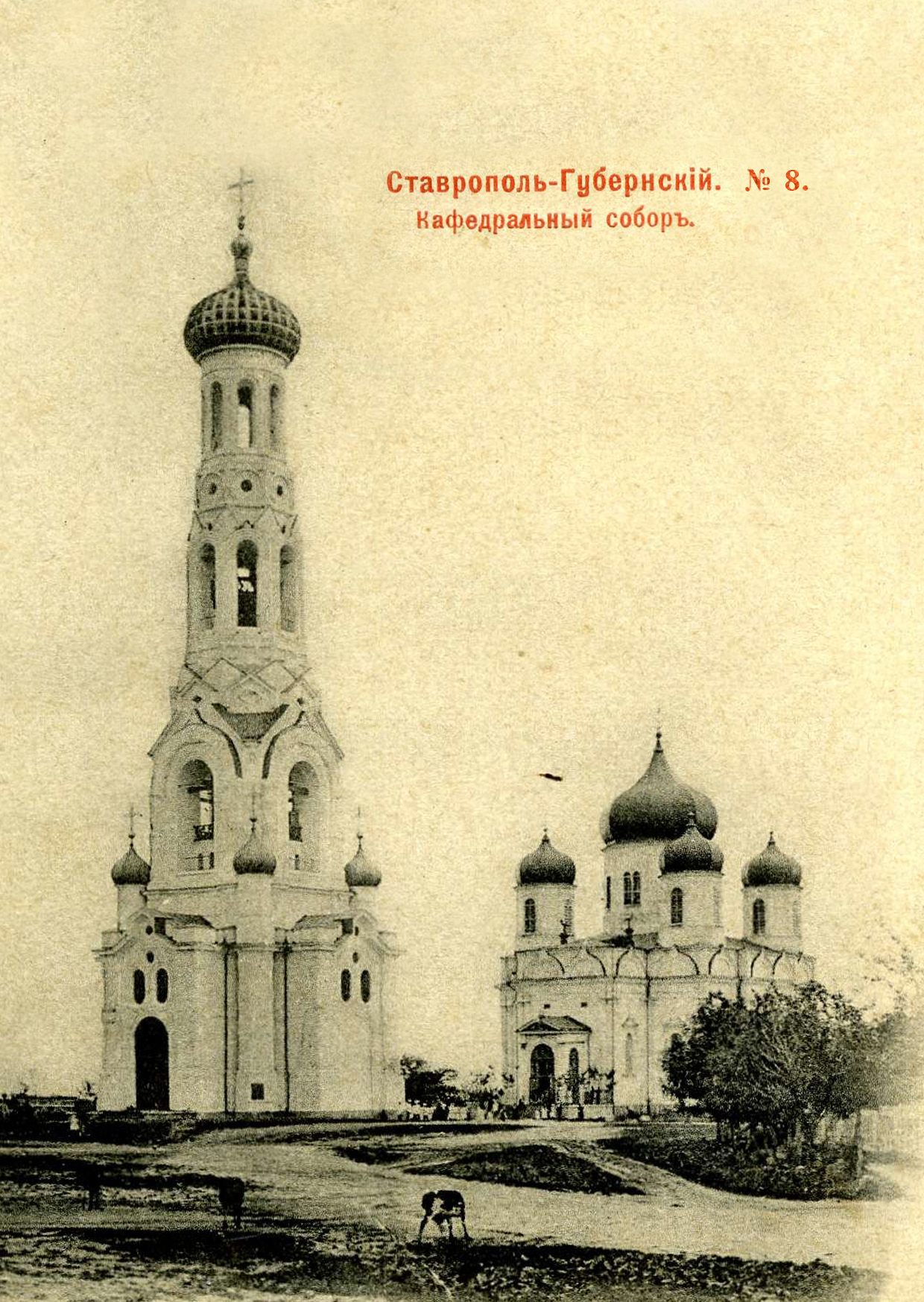 картинка почтовая ретро-открытка дореволюционного времени с изображением Кафедрального собора города Ставрополя