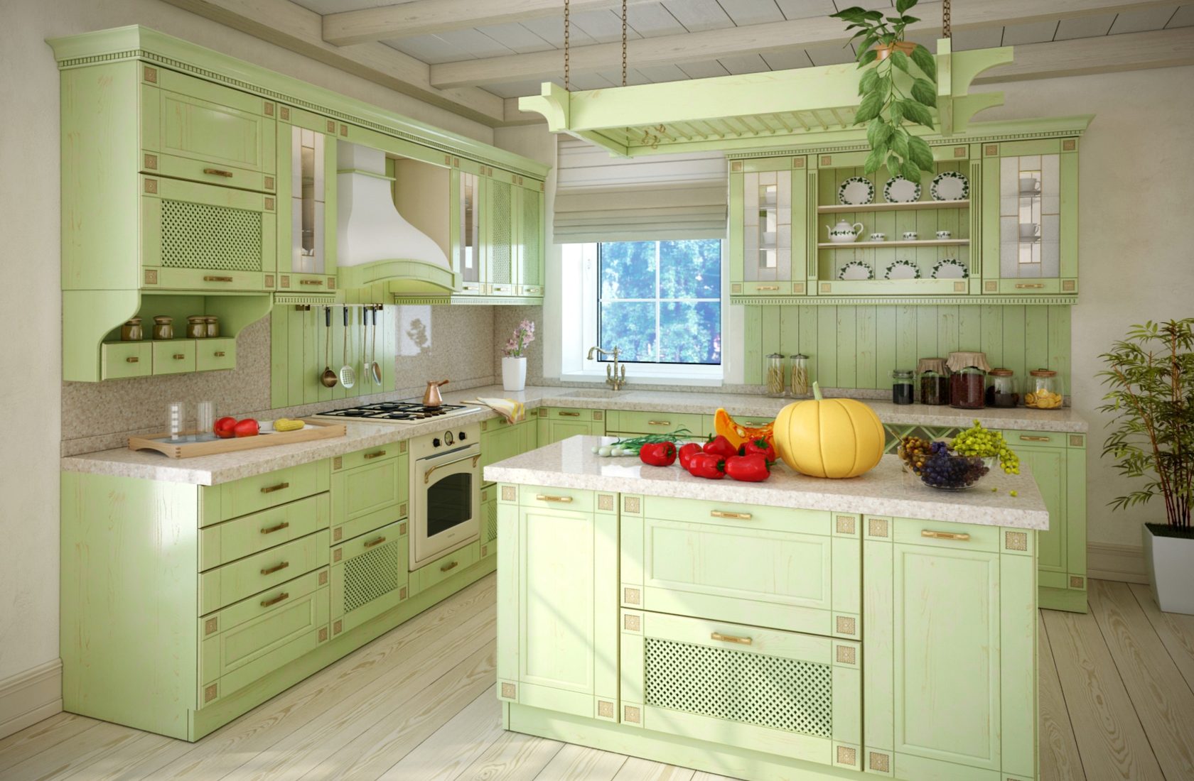 кухня зеленая с вытяжкой
