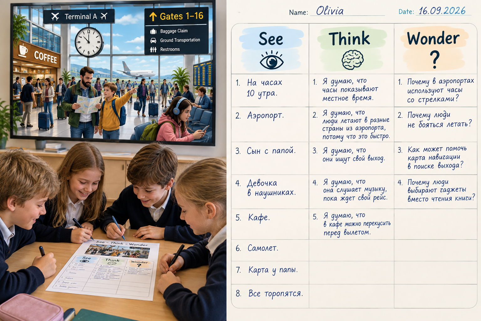 SEE–THINK–WONDER: дети в классе и заполненный лист по изображению аэропорта