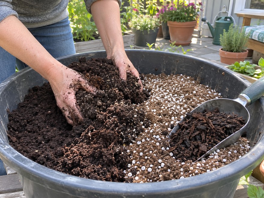 Blending old potting soil with fresh mix and compost to refresh it