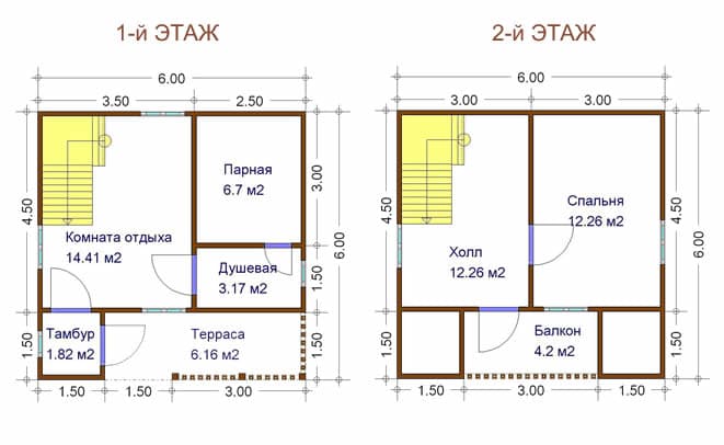 Проект двухэтажной бани 6 на 6