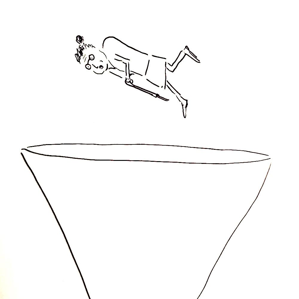 Illustration of an old lady falling into a giant funnel, looking a little surprised