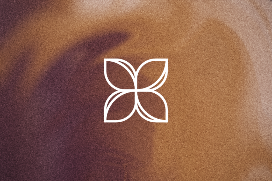Minimalist floral logo symbol with geometric petal shapes on a warm brown textured background — branding design by Leragraphics.