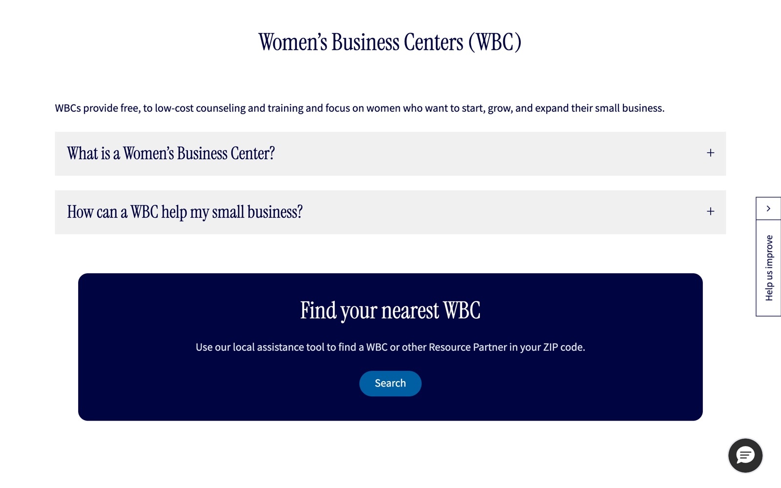 Women's Business Centers page screenshot: SBA page on free counseling and training for women entrepreneurs