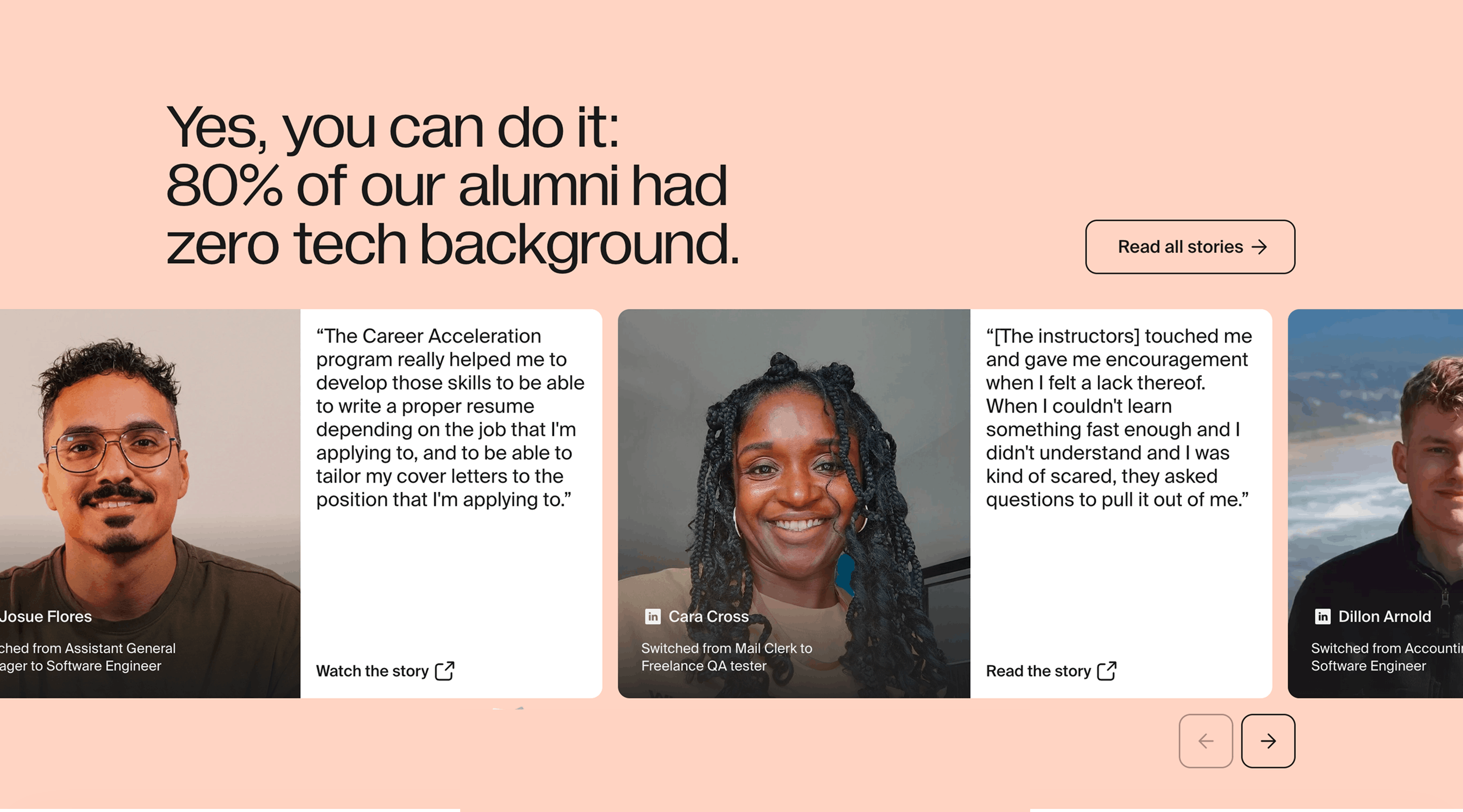 TripleTen alumni stories carousel under the headline &ldquo;Yes, you can do it: 80% of our alumni had zero tech background.&rdquo;