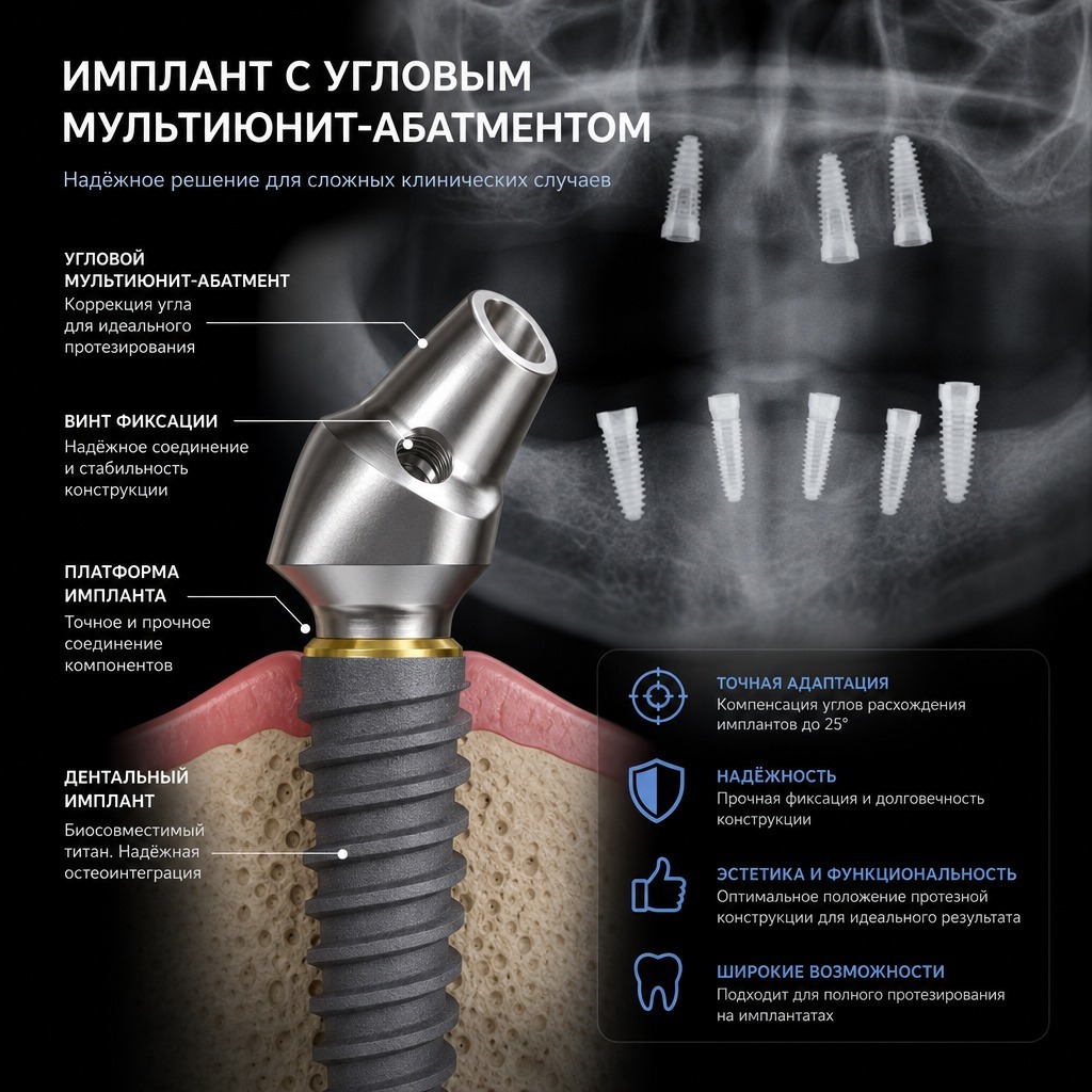 крупный план импланта с прикрученным угловым мультиюнит-абатментом на фоне рентгеновского снимка челюсти