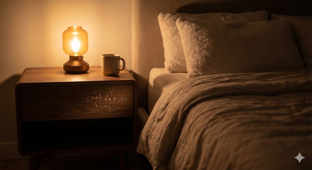 Всемирный день сна уютная спальня деревянная тумбочка.