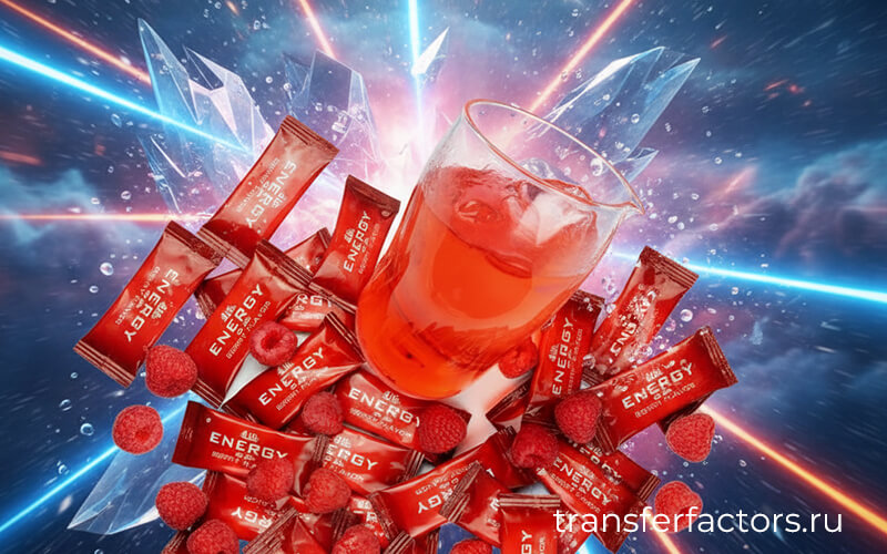 4Life Transfer Factor — Energy Go Stix: ягодные саше вокруг стакана напитка со льдом на динамичном фоне