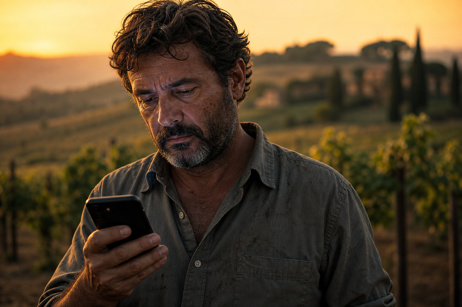 Winery owner checking WhatsApp messages during harvest season