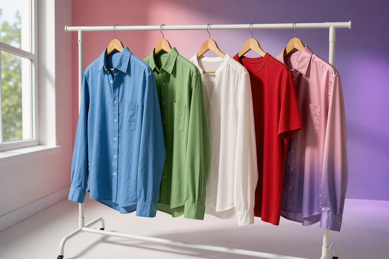 Several shirts hanging on wooden hangers on a drying rack near a window, showing different fabric textures and colors but no logos or cleaning products