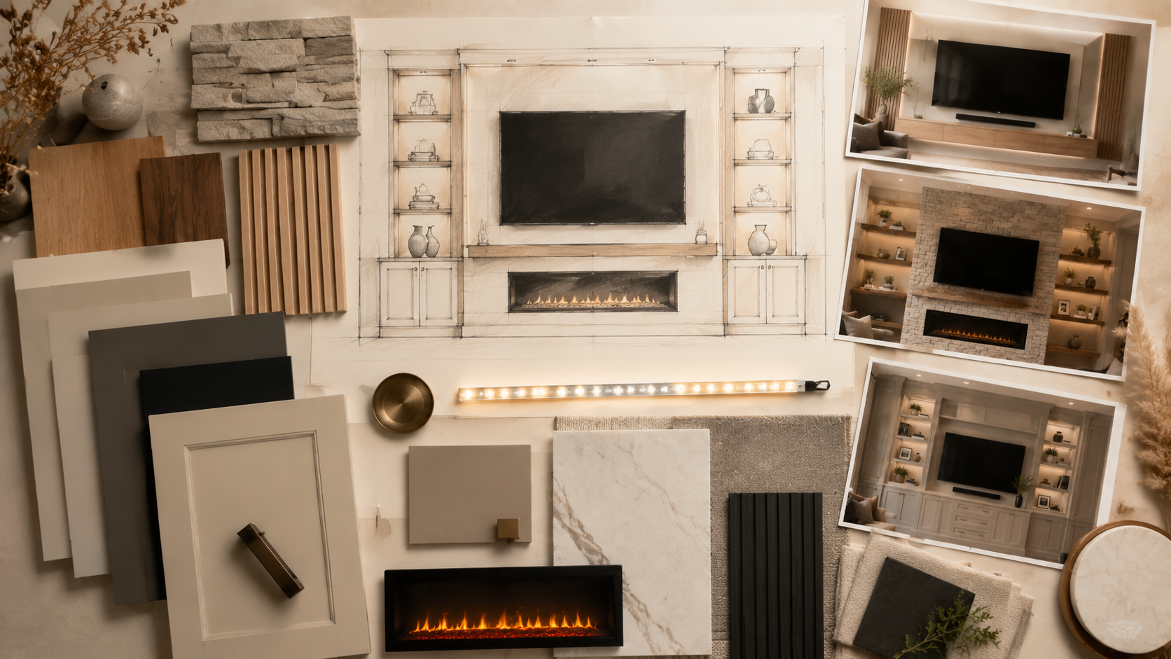 Media wall planning board showing cabinetry, wood, stone, porcelain, lighting, fireplace, and finish options that affect custom project cost.