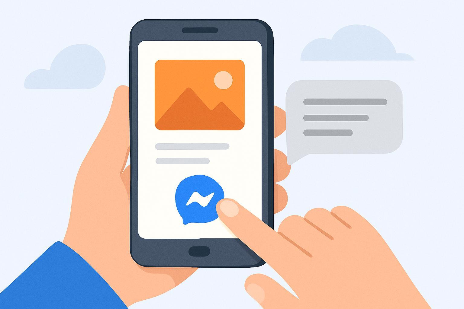 Иллюстрация взаимодействия пользователя с рекламой Click to Messenger — человек нажимает на кнопку с иконкой мессенджера на экране смартфона, рядом всплывает окно чата