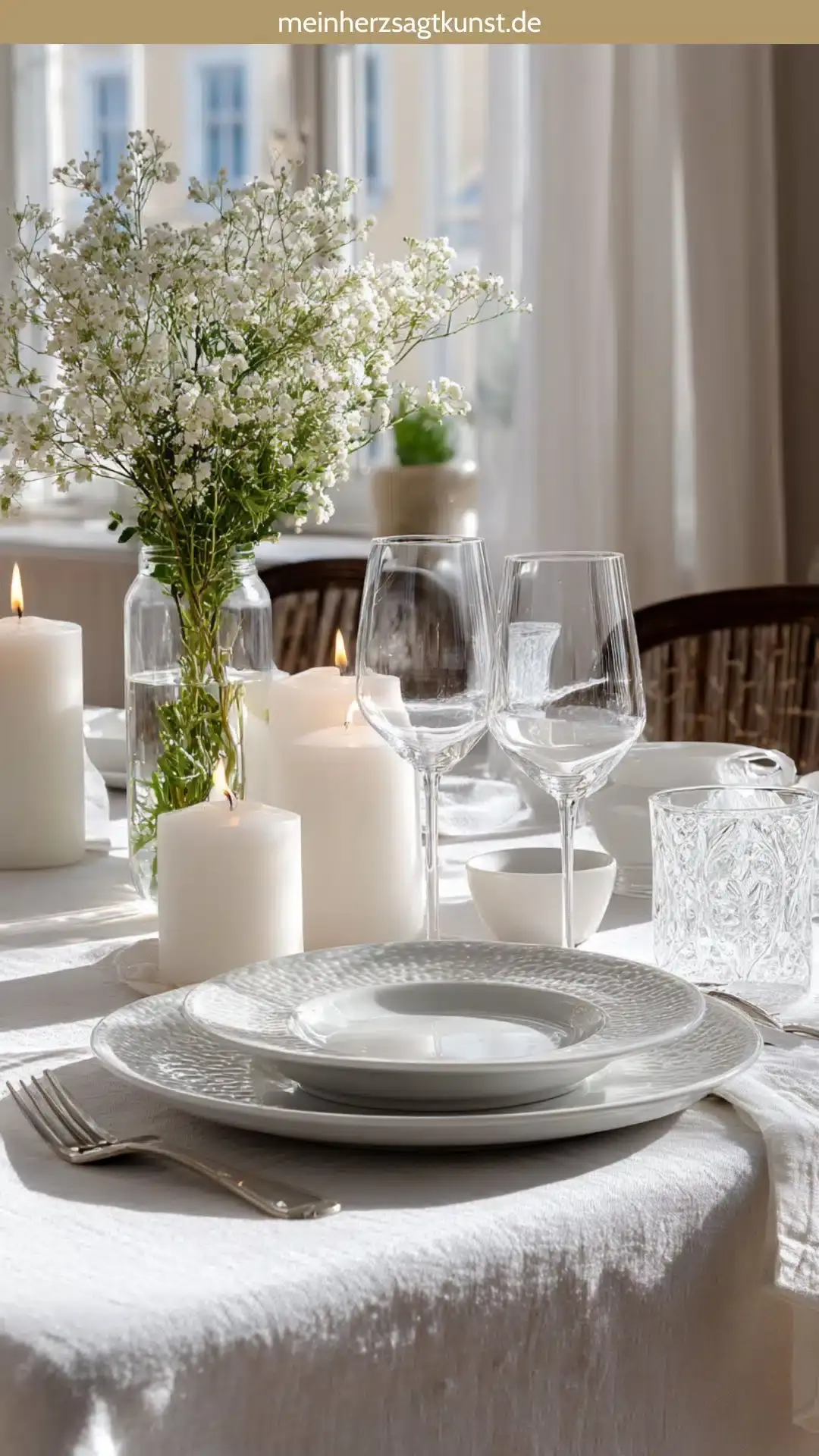 Элегантная сервировка стола в белых тонах с льняными салфетками, хрустальными бокалами и белыми свечами-столбиками создаёт спокойную зимнюю атмосферу.