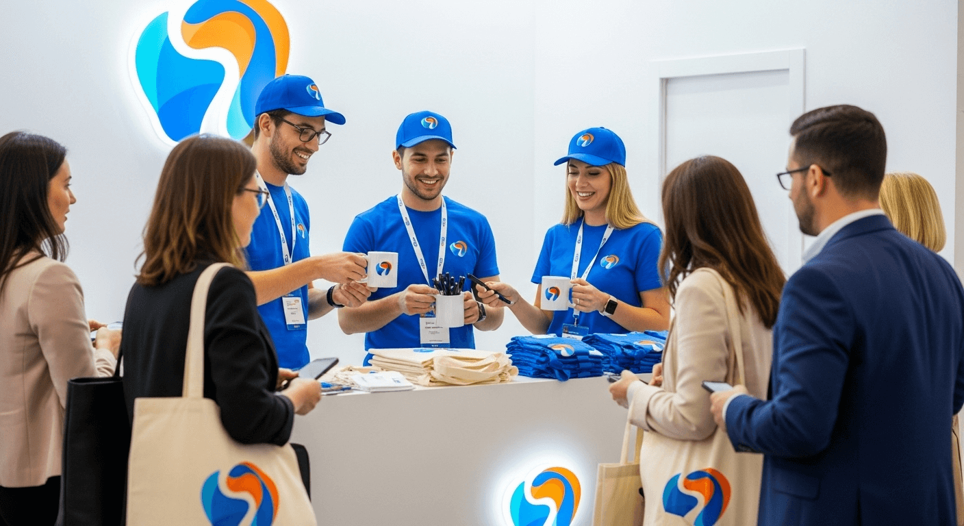 Сувенирная продукция на выставке: сотрудники в брендированной одежде раздают кружки, ручки и шопперы посетителям