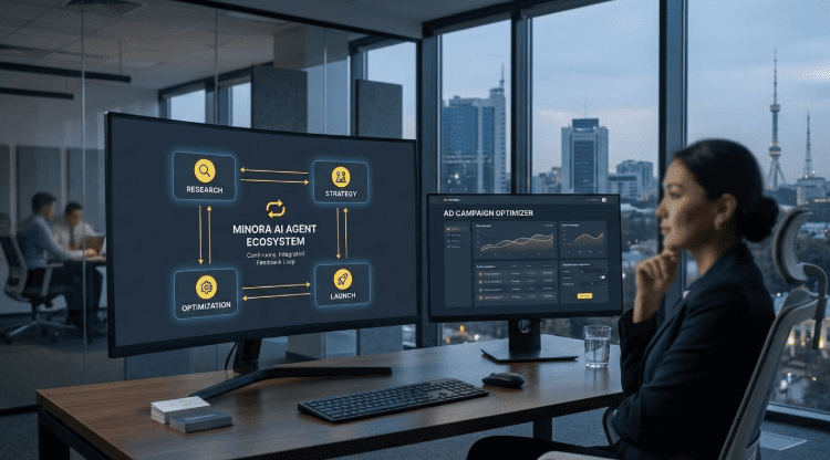 Minora AI four-agent closed-loop architecture diagram on a main monitor in a Tashkent office, showing continuous data flow between Research, Strategy Personalization, Launch, and Optimization agents — contrasted against a single-function ad optimization interface.