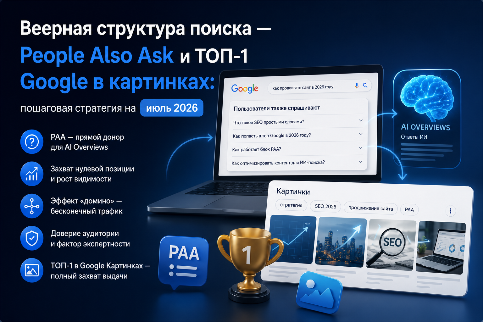 Инфографика Веерная структура поиска — People Also Ask и ТОП-1 Google в картинках: пошаговая стратегия на июль 2026.