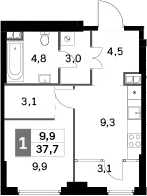 1-комн 37,7 м²