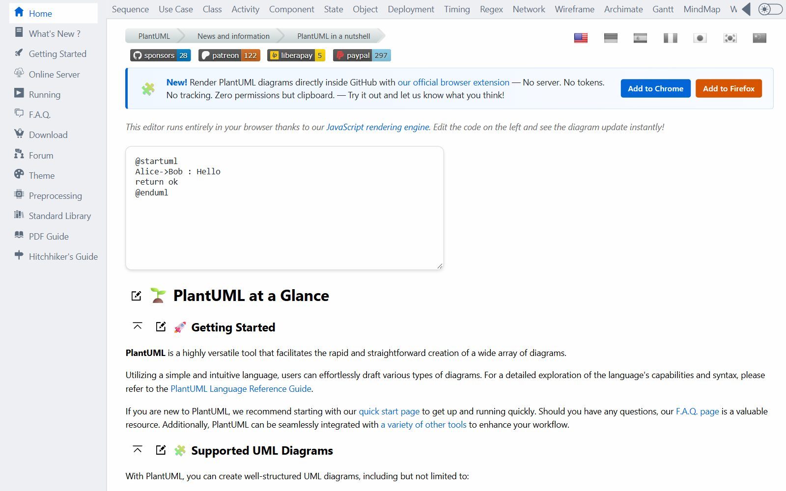 PlantUML homepage with its in-browser editor (October 2026)