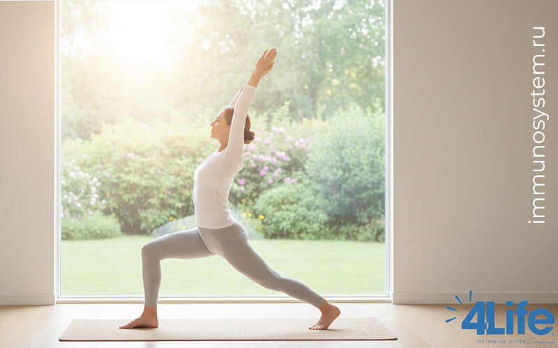 Женщина делает йогу у окна в солнечном свете — здоровый режим дня и естественная поддержка иммунитета