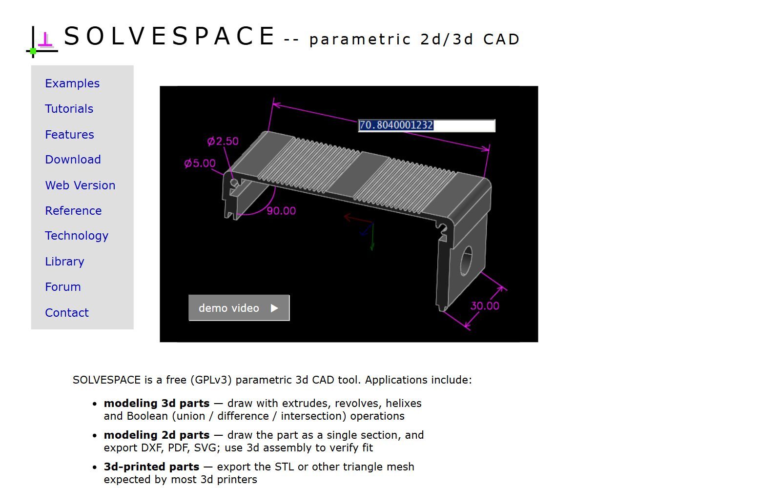 SolveSpace parametric 2D/3D CAD homepage screenshot (October 2026)