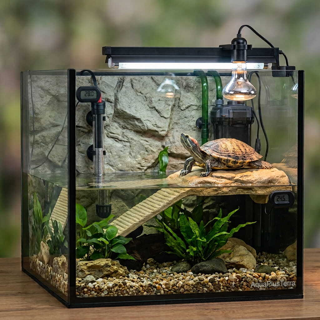 Профессиональный акватеррариум AquaPlusTerra для красноухой черепахи с UVB-лампой, нагревателем, островом и системой фильтрации