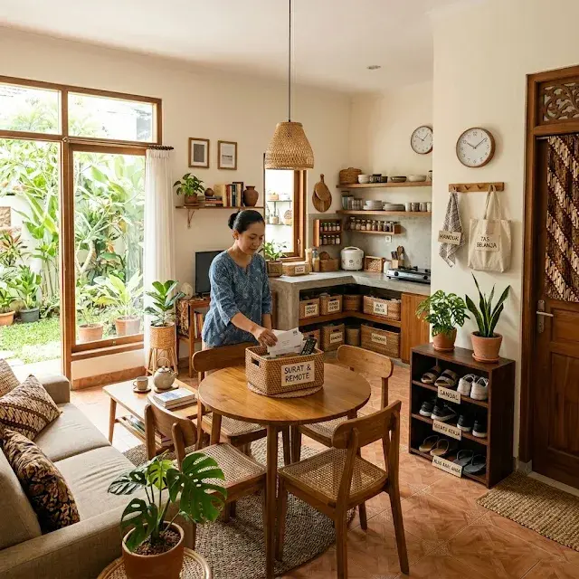 Rumah kecil rapi dan nyaman dengan penyimpanan sederhana agar tidak berantakan