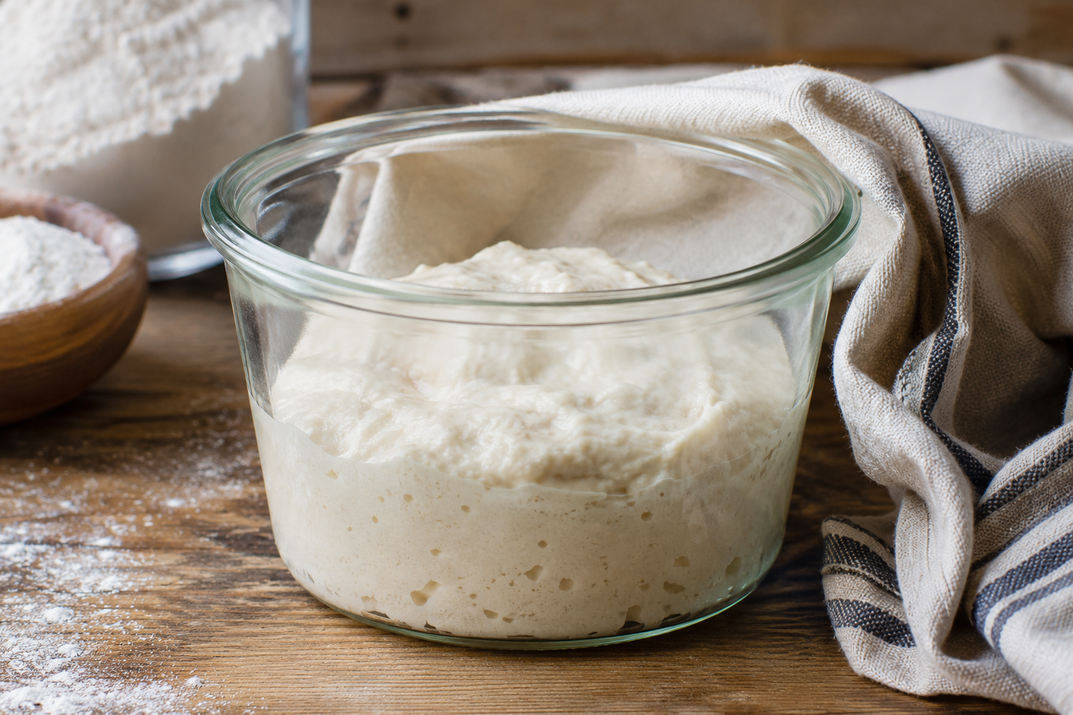 Freshly created Levito Madre starter fermenting in a glass container
