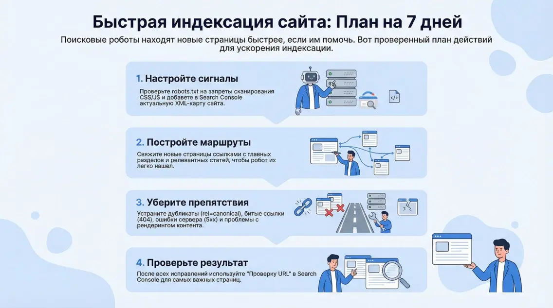 Инфографика: пошаговый план из четырех этапов для ускорения индексации сайта поисковыми роботами за неделю