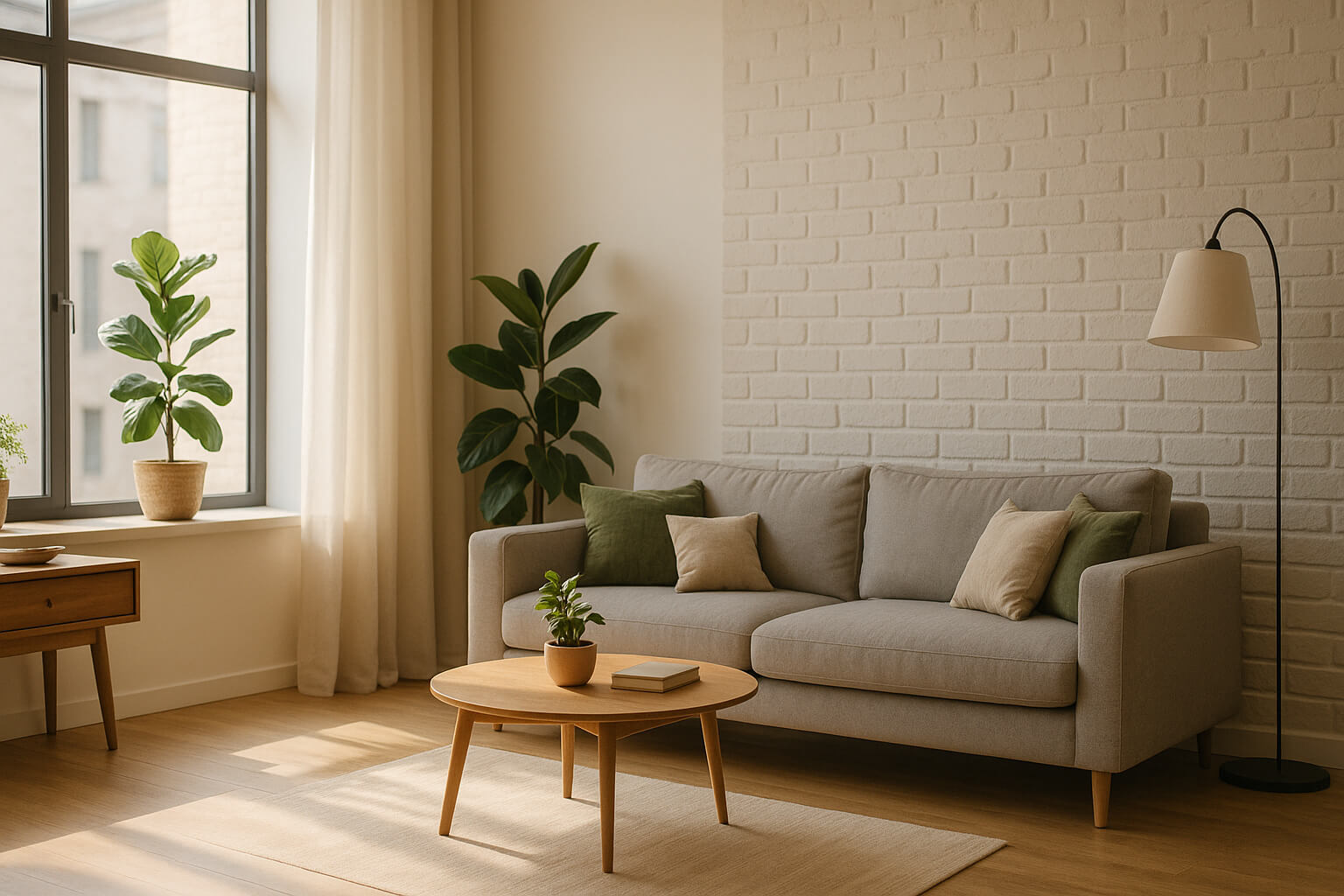 Яркая современная квартира с минималистичным дизайном, большим окном и уютной зоной отдыха