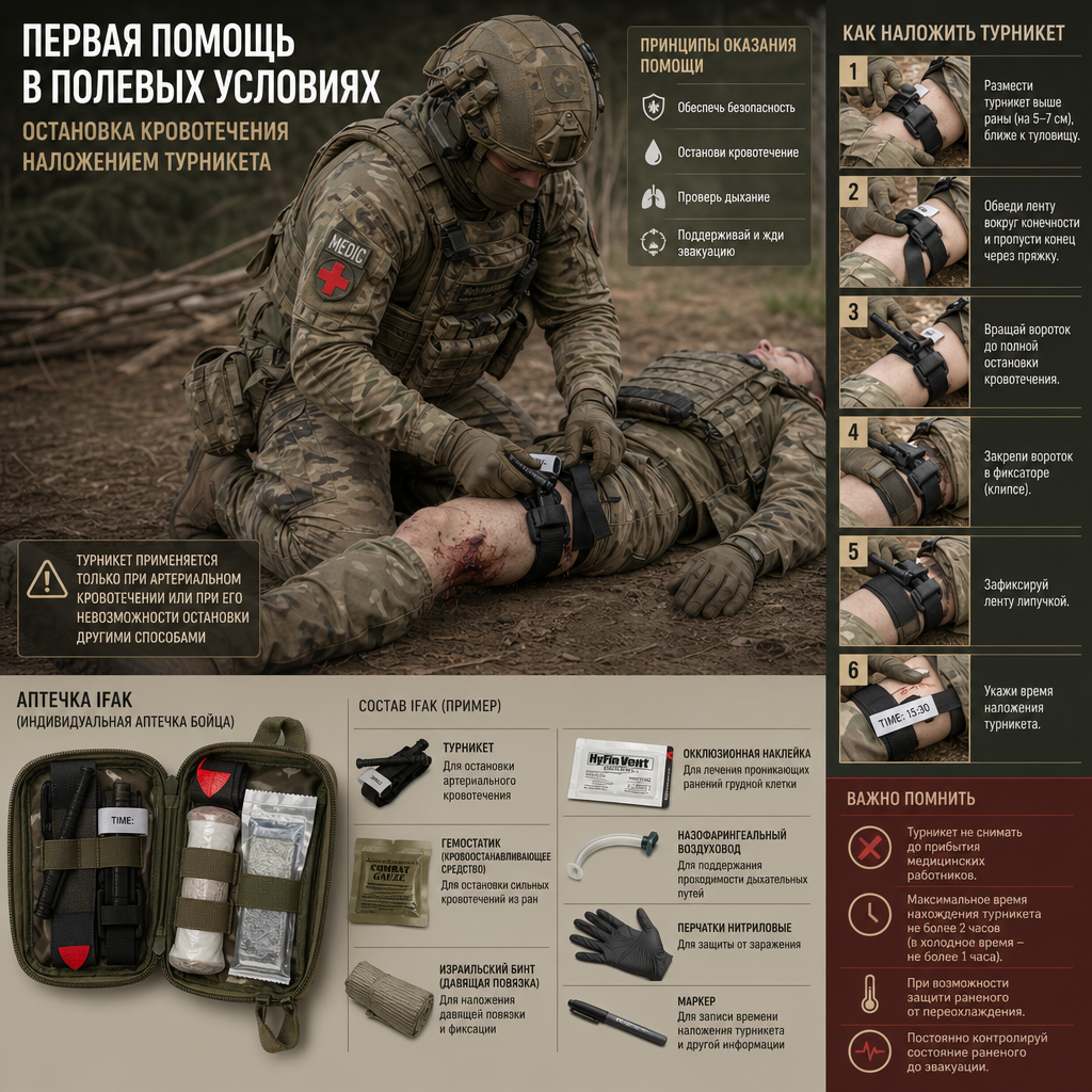 военный санитар в полевых условиях оказывает первую помощь раненому бойцу — накладывает турникет на конечность, рядом лежит раскрытая аптечка IFAK с гемостатиком и бинтами