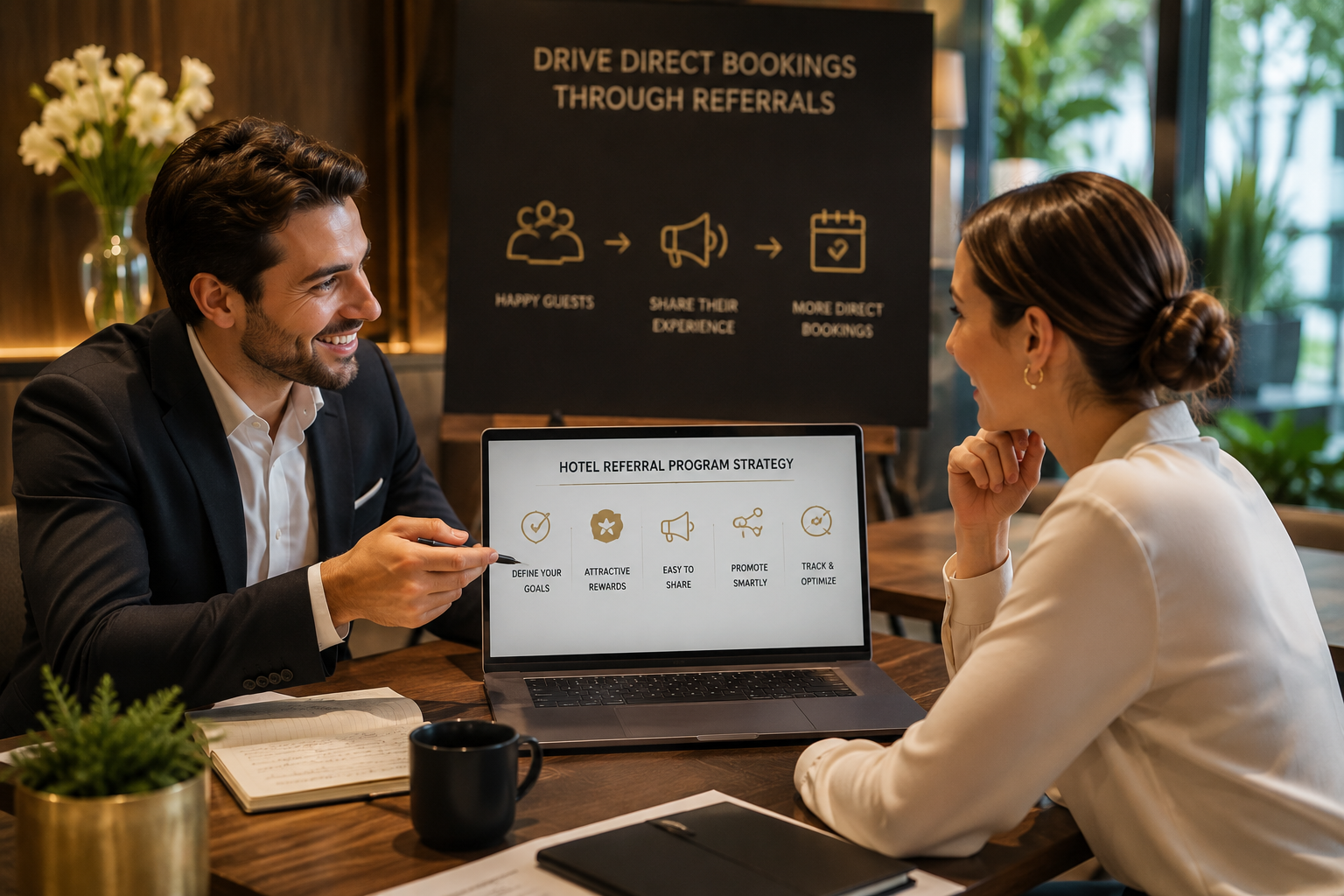 Profesionales creando un programa de referidos para hoteles.