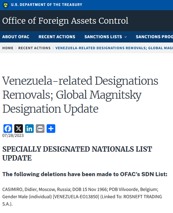 Решение OFAC об исключении Дидье Касимиро из санкционного списка, 28 июля 2023 года