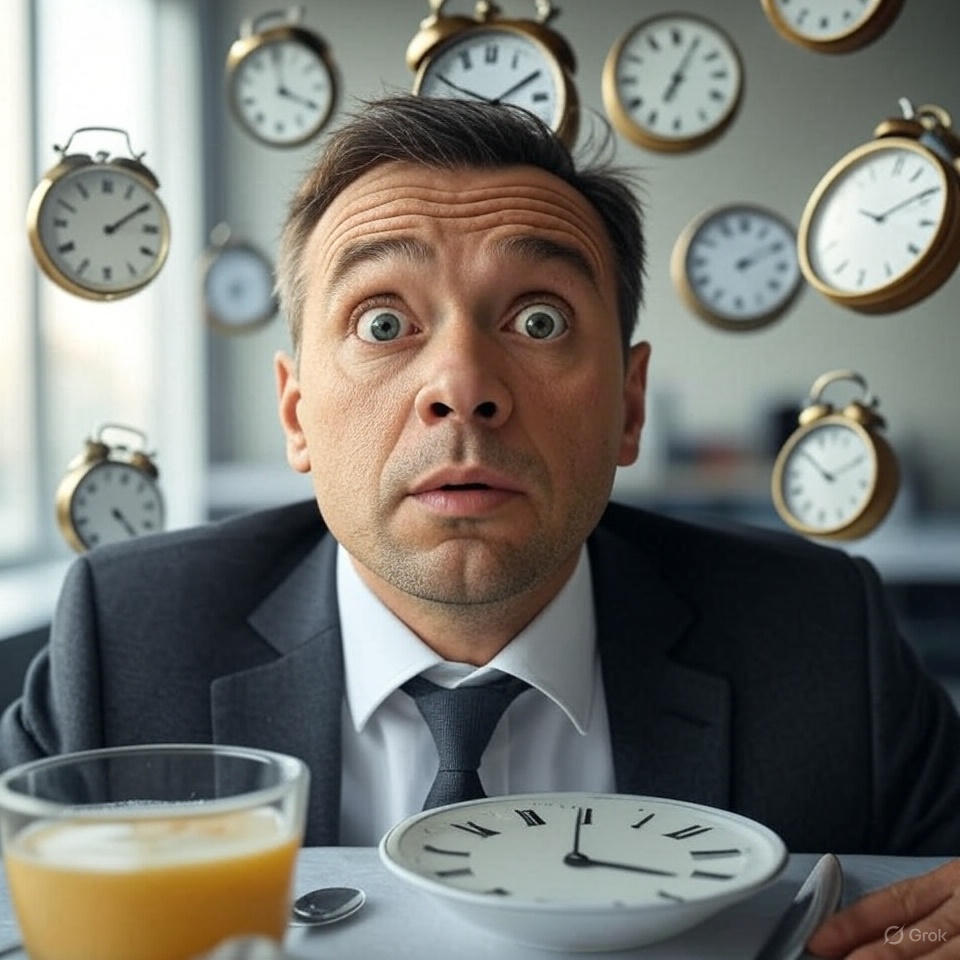 очень удивленный мужчина сидит на бизнес-завтраке