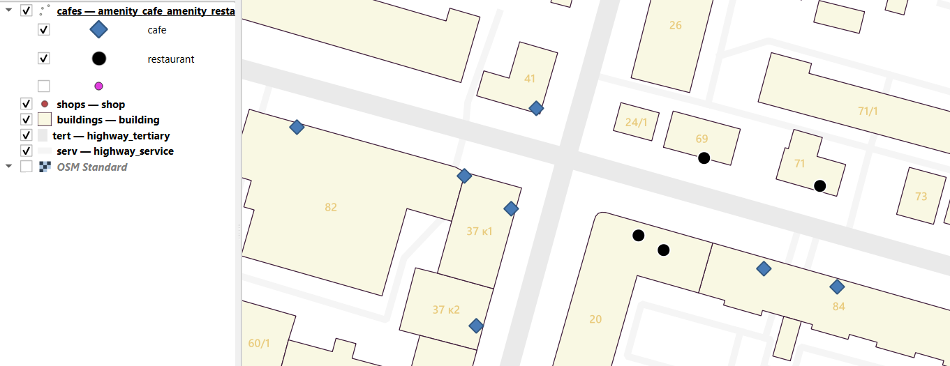 Скриншот QGIS с точечным слоем кафе и ресторанов
