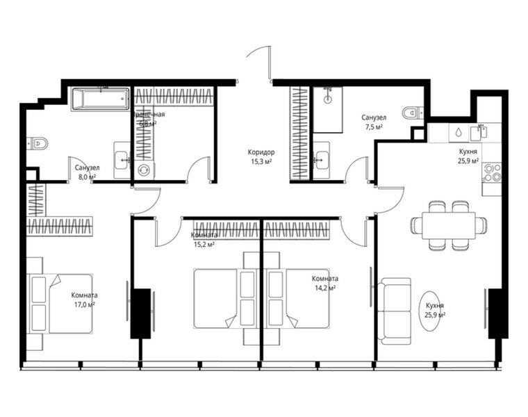 Планировка квартиры с 3 спальнями 109,9 м² в ЖК ONE: 61-й этаж