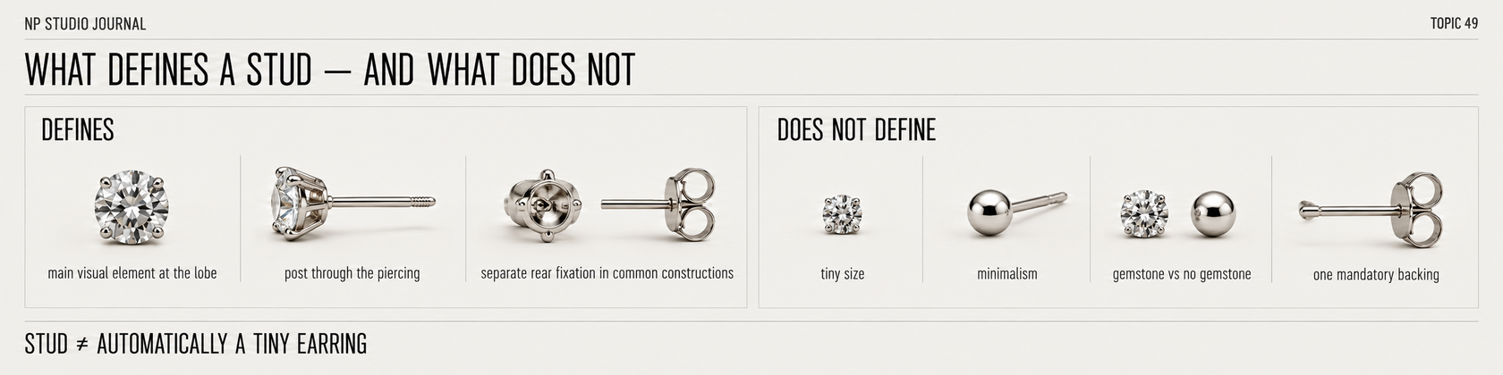Educational infographic showing what defines a stud earring and what does not: lobe-based front element, post and rear fixation versus tiny size, minimalism, gemstone presence and one mandatory backing