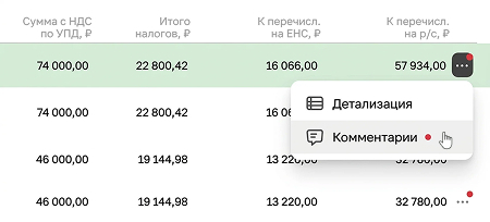Меню отчёта: «Детализация» и «Комментарии»