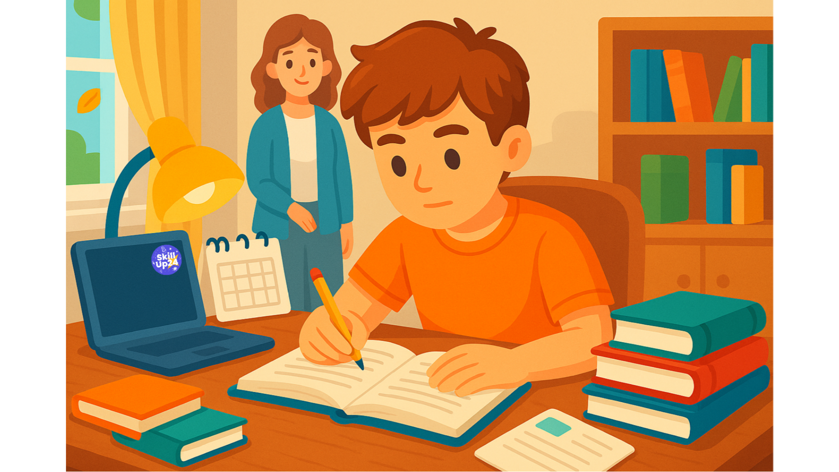 Школьник 10–13 лет сосредоточенно делает домашнее задание за столом с тетрадями, ноутбуком и календарём, а родитель мягко наблюдает на заднем плане в уютной домашней комнате