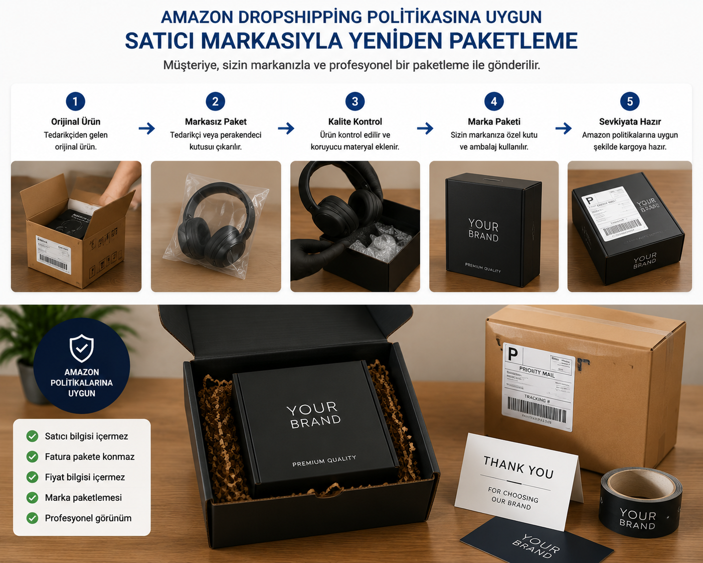 Amazon dropshipping politikasına uygun şekilde satıcı markasıyla yeniden paketlenen ürün
