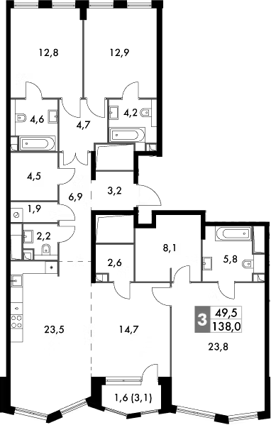 3-комн 138,0 м²
