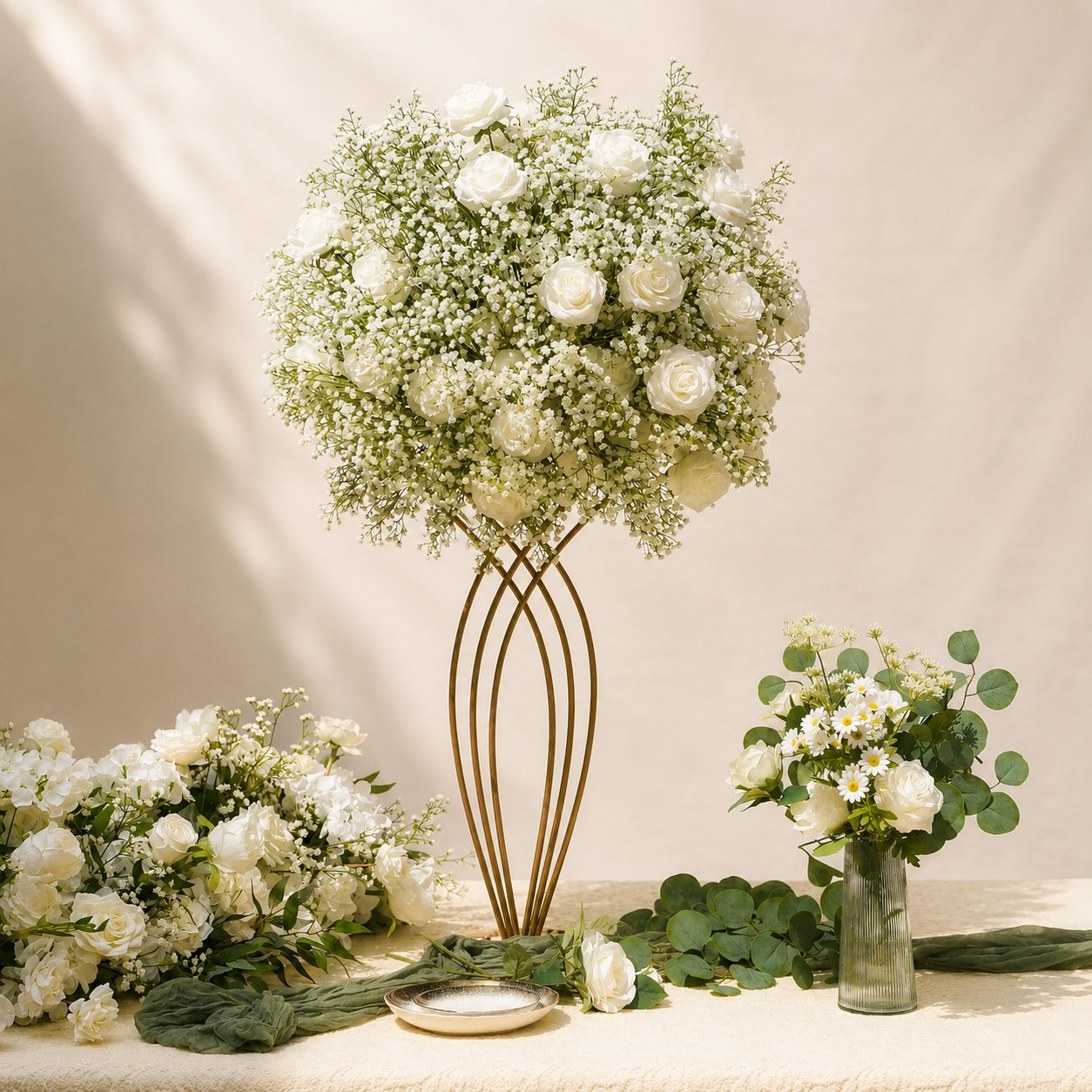 Luxury white rose floral arrangement with baby breath and greenery for elegant wedding decor in Rabat Morocco